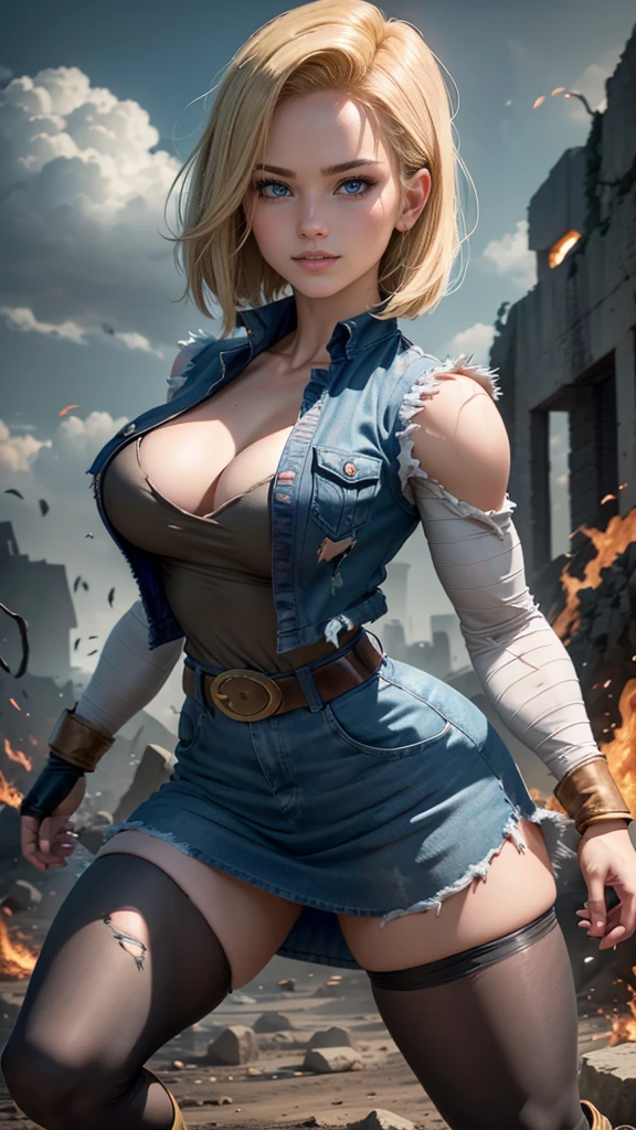 Android 18 da Dragon Ball Z,(best qualityer,4K,8k,high resolution,work of art:1.2)(weather: cloudy),battle ruins background, black shirt, striped sleeves, denim vest, denim skirt, pantyhose, brown boots, belt,short hair,ultra detailed,realisitic,portraite,beautiful detailed blue eyes,beautiful detailed lips,extremely detailed eye and face, long eyelashes,sexly,average,large breasts,beaming smile,powerful girl in a battle,combat pose,torn clothes,stunning curves,bright coloured,dramatic lighting,
