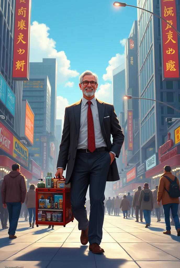 Create a realistic illustration of a salesman with his display walking through the modern world