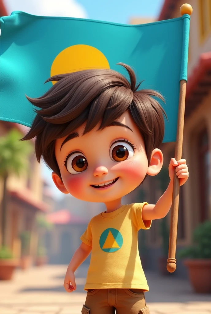 Create a pixar type character of a boy holding a flag of the republic of palau the blue flag with a yellow circle in the middle