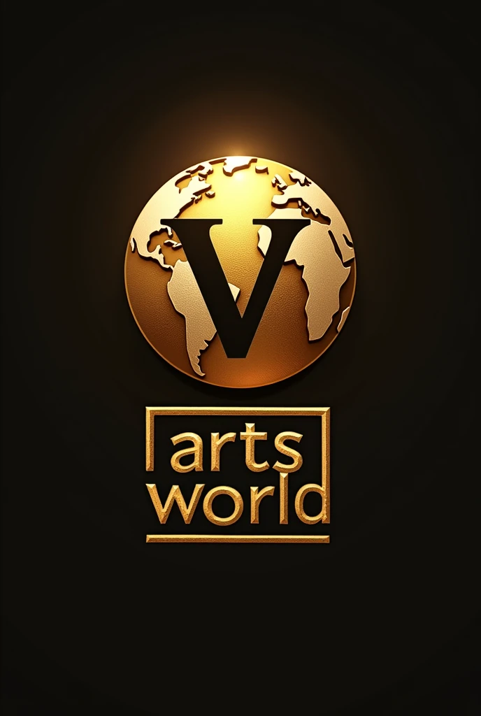 "Create a logo featuring a globe in a rich golden color as the central element, with the letter 'V' in a stylish, contrasting font inside the globe. Below the globe, include the slogan 'Arts World' within a solid box texture. The text 'Arts World' should be in a golden color that matches the globe, creating a cohesive and luxurious design. The box texture should provide a subtle yet solid foundation, adding a sense of structure and strength to the overall logo."