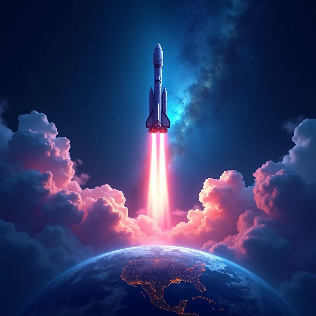 Generate an image of an Indian rocket soaring through space, with Earth visible below. India should be clearly recognizable on the Earth's surface. The rocket should be prominently displayed, surrounded by a vast expanse of space. The majority of the image should be filled with a neon-colored nebula, featuring vibrant, clouds of blue, pink, and purple hues, giving the scene a futuristic vibe. The nebula should emit a glowing light, contrasting with the dark space background. Stars and distant galaxies can be faintly visible, but the neon nebula should dominate the scene. Ensure there is strictly no text in the image.