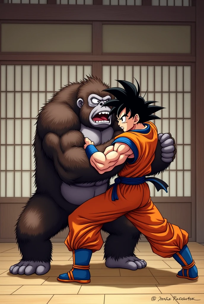 An anime image of goku submitting donkey kong with a guillotine choke in a Grappling match