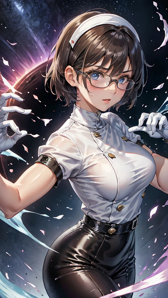 Beautiful girl wearing a white rubber high-neck nurse uniform(20th Generation)She has short hair, wears glasses and long patent leather gloves.