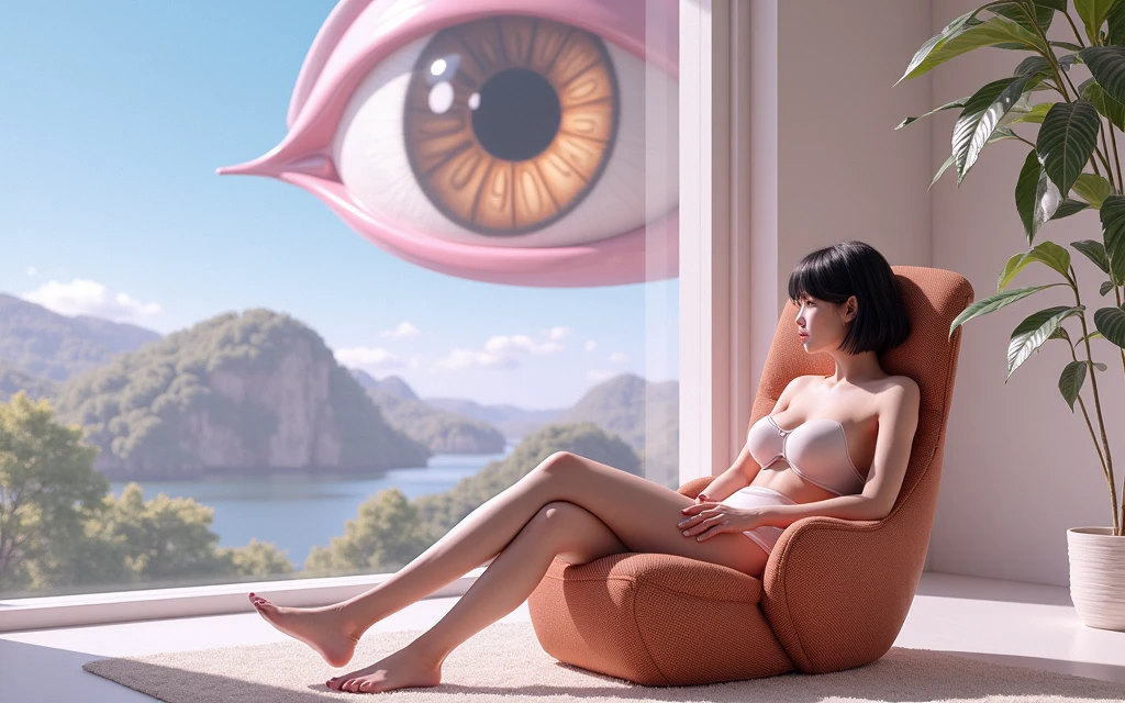 A cinematic shot of a medium-sized pretty, shapely girl sitting in an armchair. She has short, dark hair, a large bust, and a skimpy swimsuit. Behind her, a large eye looks out of a large, panoramic window. The eye has a pupil and is surrounded by a beige iris. The background reveals a peaceful landscape with mountains, trees, and a body of water.