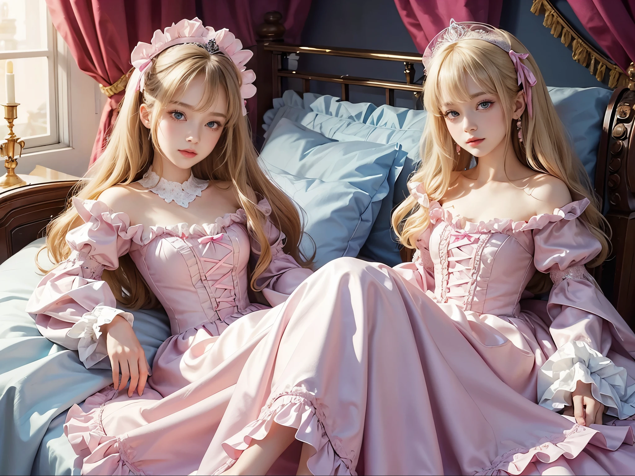 ,highest quality, masterpiece, highest resolution, artwork, super それにget used to it, many get used to it, get used to it, それにget used to it, 3k realistic pictures,,(( girls)),Ultra-detailed juvenile face,three are princesses,full length ball gown dress with hoop skirt,ruffled yoke collar,puff sleeves,long sleeve,((Lolita style hot pink detailed princess satin dress with lots of ruffles and ribbons)),Rococo style lolita fashion,shiny satin dress,Soft and smooth fabric,luxury,long blonde hair,blue eyes,white skin european,Pajama,((in the bedroom)),luxury princess canopy frilled bed,super detailed silk satin bed,lot of frilled pilliwslying on the bed,High-quality background,