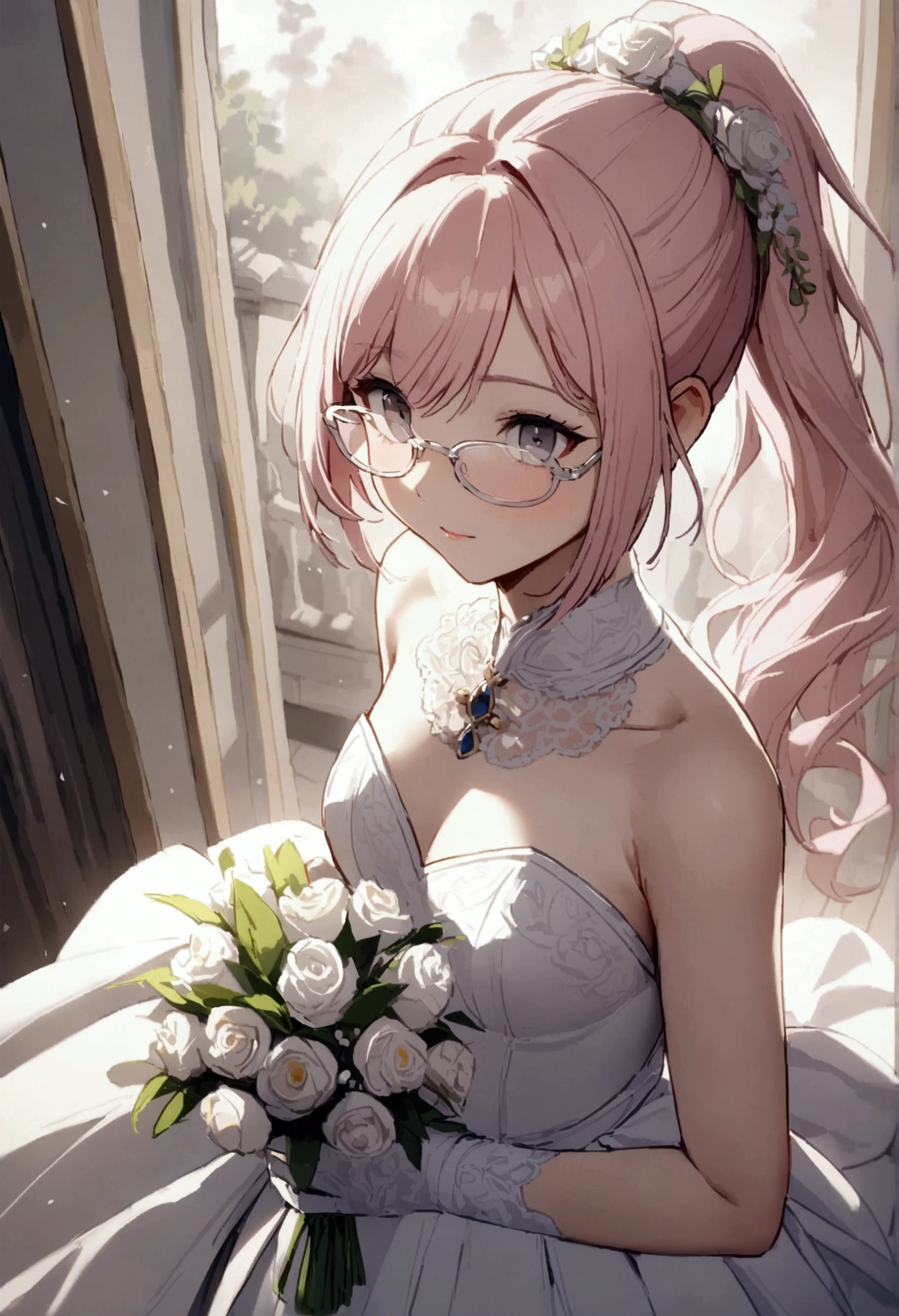 20 years old girl, light pink hair, high ponytail, no bangs, gray eyes, single eyelids, yellow-rimmed glasses, wedding dress