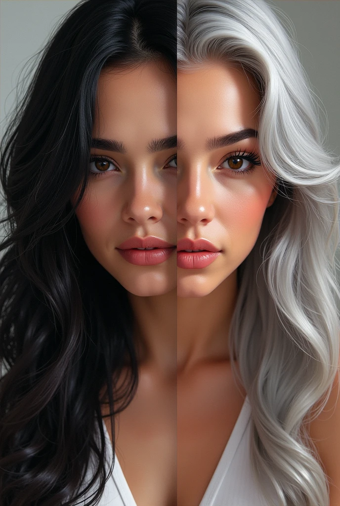 A beautifully contrasted portrait captures the evolution of Selena Gomez over the years: on the left, a vibrant black haired 25-year-old with lush black hair, and on the right, a striking older gray haired 50-year-old with gray hair. This digital artwork showcases the side profiles of both ages in a close-up layout, highlighting the differences and similarities between youth and maturity. The attention to detail is impeccable, from the fine lines on her face to the subtle changes in her expression. The overall effect is both poignant and visually stunning, making this piece a true work of art.