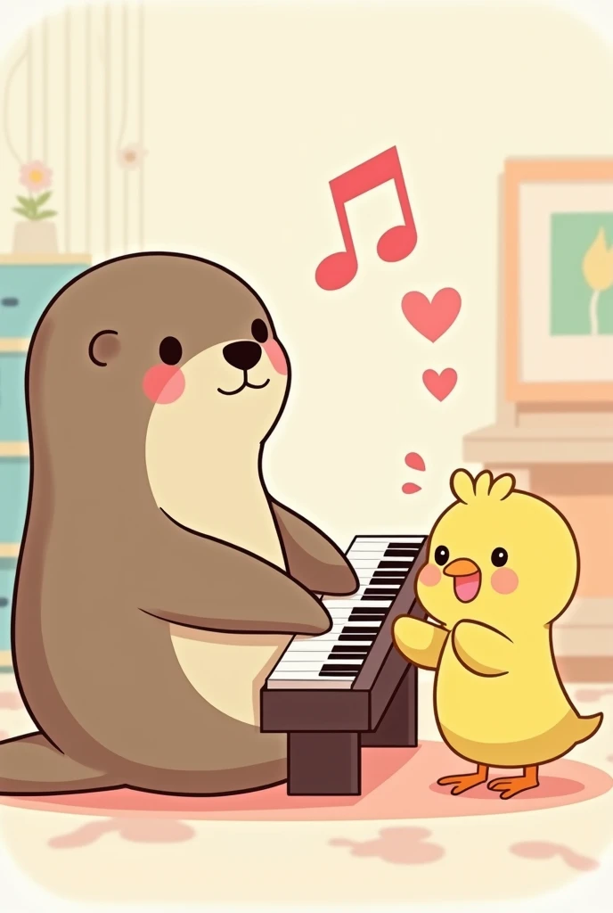 An otter playing the piano and a chick clapping, drawn in a kawaii way