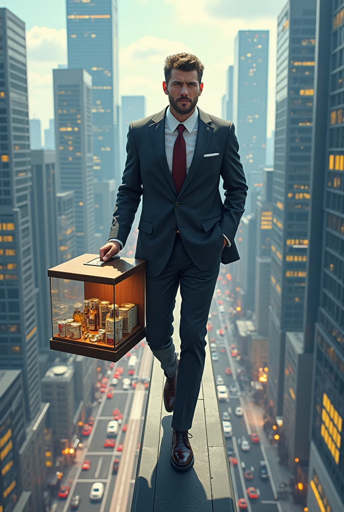 Create a realistic illustration of a salesman with his display walking above the modern world