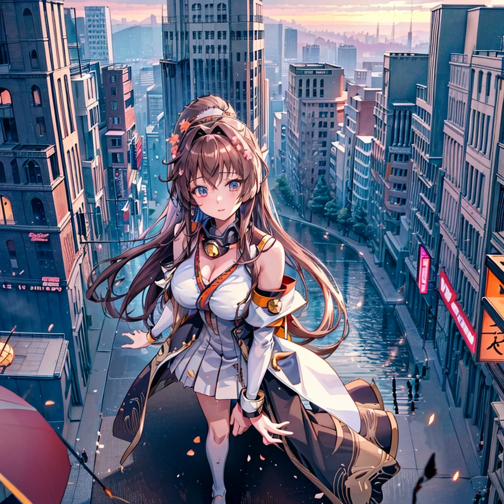 Composition viewed from below ((evening)) ((sunset)) ((sunset)) cumulonimbus masterpiece Anime Style Delicate painting 4K 90'S giant plural crowd ((Brown Hair)) Metropolis crowd Crowd of people ((A giant Yamato standing in a valley between skyscrapers)) ((Fleet Collection)) Metropolis Tokyo Akihabara Electric Town Big Breasts Sweating profusely Splash sneakers White socks watch Black Hair smile female giant giant girl Whole body Crowd Unreal Engine,cleavage ,a drawing of a ,S, long hair,Cute picture Beauty Analog style whole body
