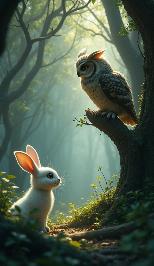 draw a picture of a white rabbit looking surprised at a tree branch with an old owl perched on the branch, in the middle of a dense forest