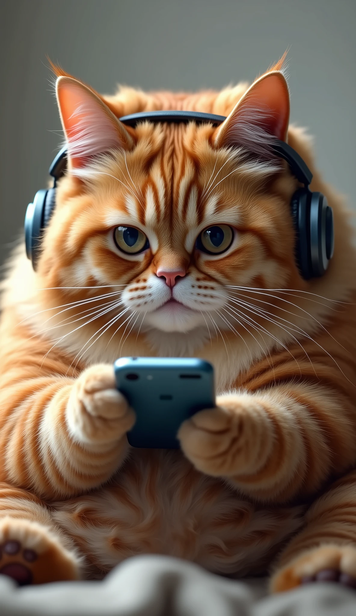photorrealistic, 64k, giant cute fat [cat] listening music with headphone on his ears, and his hand hold a smartphone, focusing look at smarphone