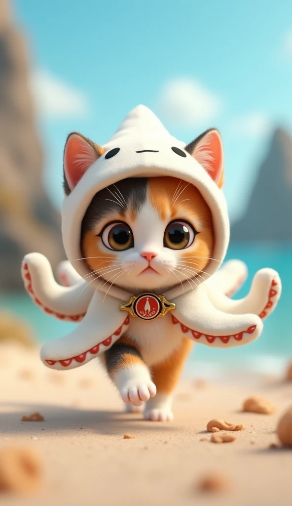 3D cute calico kitten character、Happy white squid costume、running、Coastal、masterpiece, Background Blur, A belt with a squid logo、Close your mouth, 