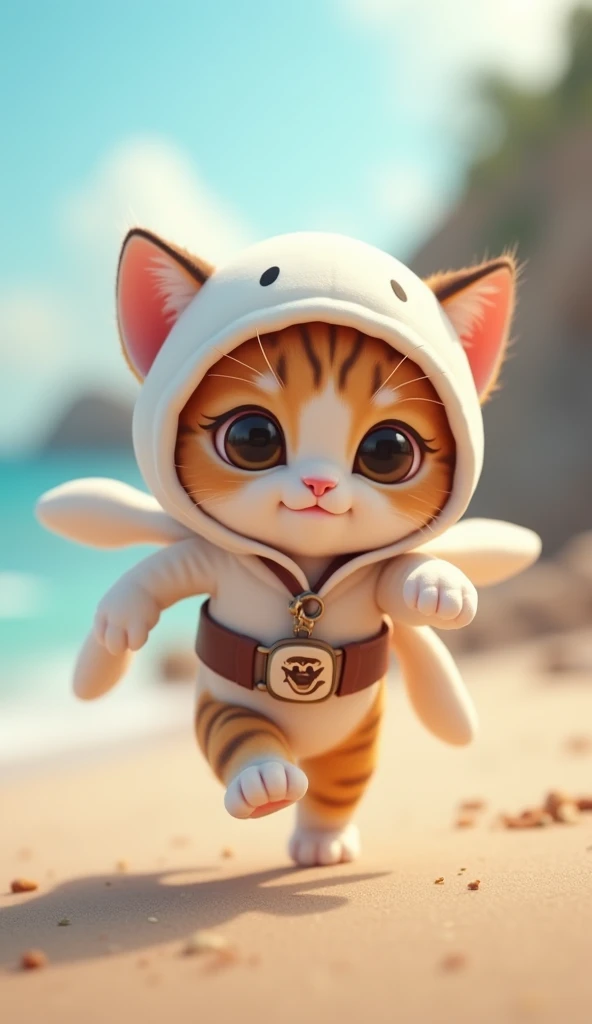 3D cute calico kitten character、Happy white squid costume、running、Coastal、masterpiece, Background Blur, A belt with a squid logo、Close your mouth, 