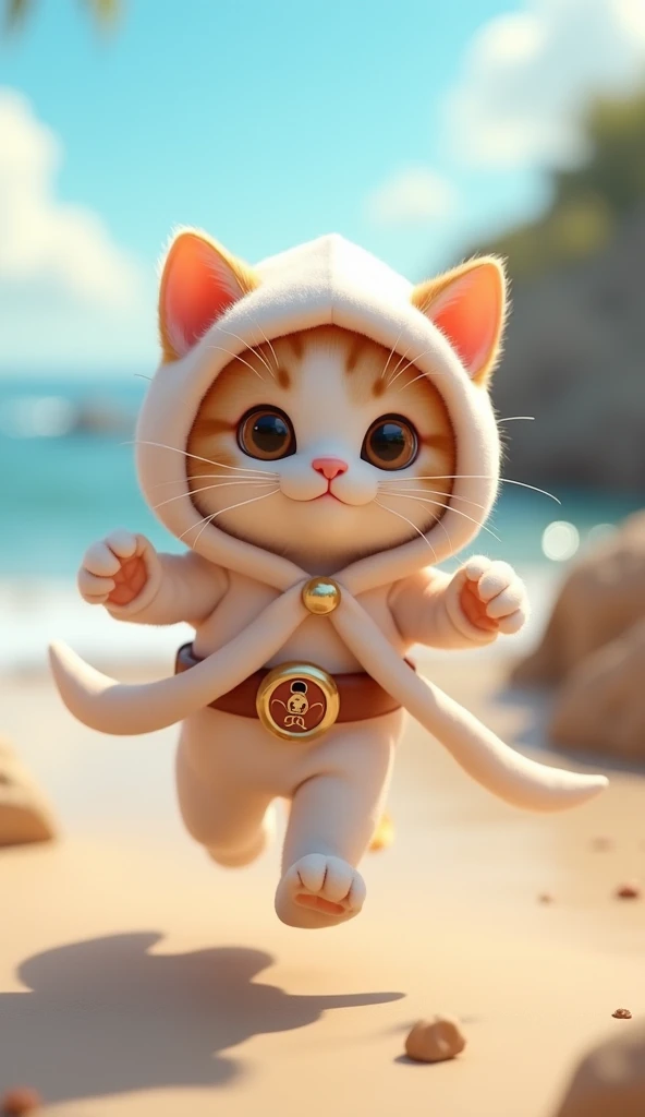3D cute calico kitten character、Happy white squid costume、running、Coastal、masterpiece, Background Blur, A belt with a squid logo、Close your mouth,