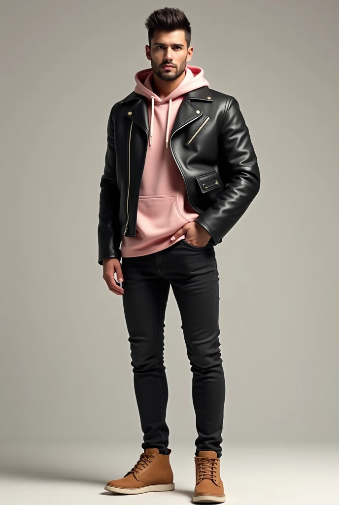 Black leather jacket, under light pink hooded t-shirt without design, black jeans and camel shoes