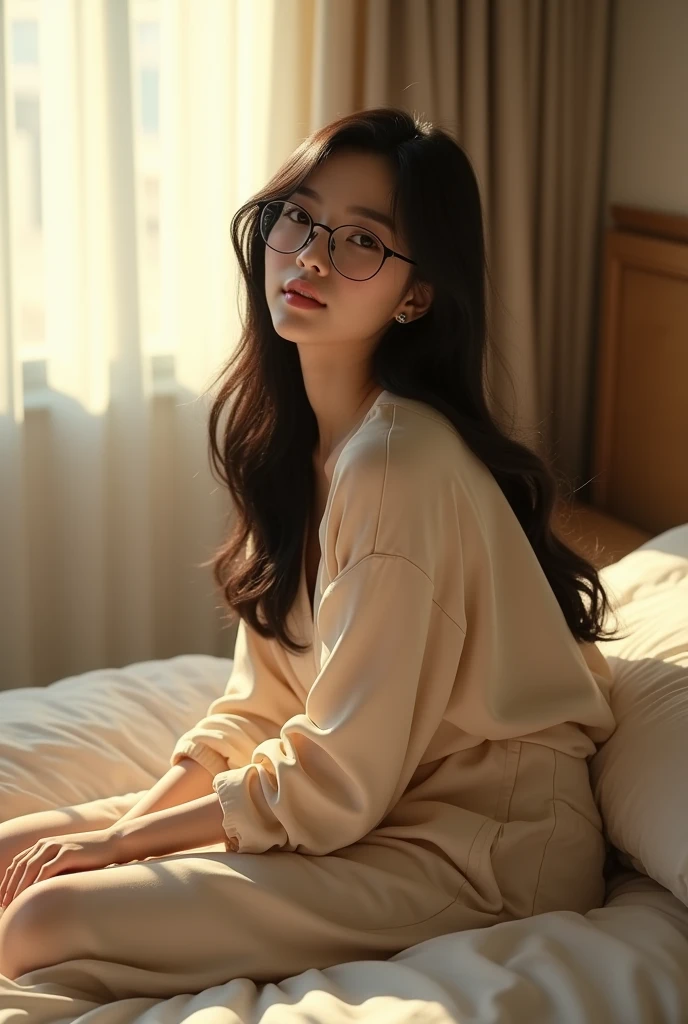 (photorealism:1.2),  beautiful asian woman sitting on her bed, wearing glasses, sunlight