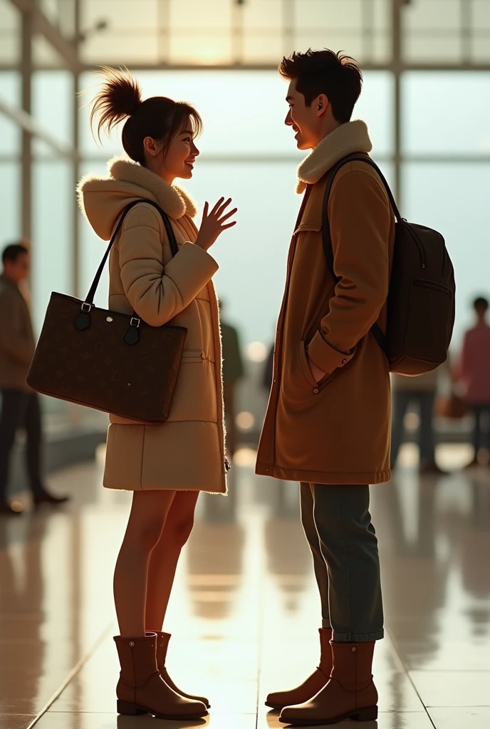 a close up of Tanned japanese beautiful tanned japanese woman, Her hair was in a ((messy loose bun up)) wearing warm winter outfit in soft colors, the woman waving high and smiling, hold LV bag with her like a traveller in paris airport to a man infront of her, the man is Tanned japanese handsome tall man wearing warm winter outfit in soft colors and boots. standing face to face in about 10 meter distance. wide camera, full body shot, ultimate photorealistic