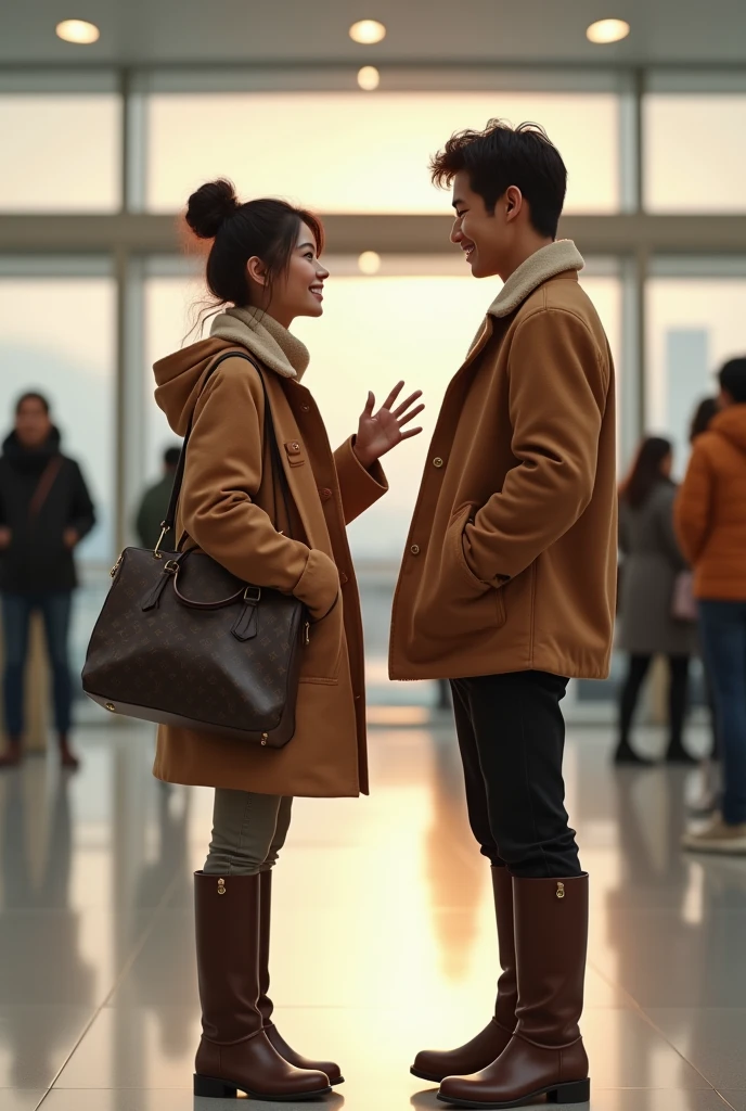 a close up of Tanned japanese beautiful tanned japanese woman, Her hair was in a ((messy loose bun up)) wearing warm winter outfit in soft colors, the woman waving high and smiling, hold LV bag with her like a traveller in paris airport to a man infront of her, the man is Tanned japanese handsome tall man wearing warm winter outfit in soft colors and boots. standing face to face in about 10 meter distance. wide camera, full body shot, ultimate photorealistic
