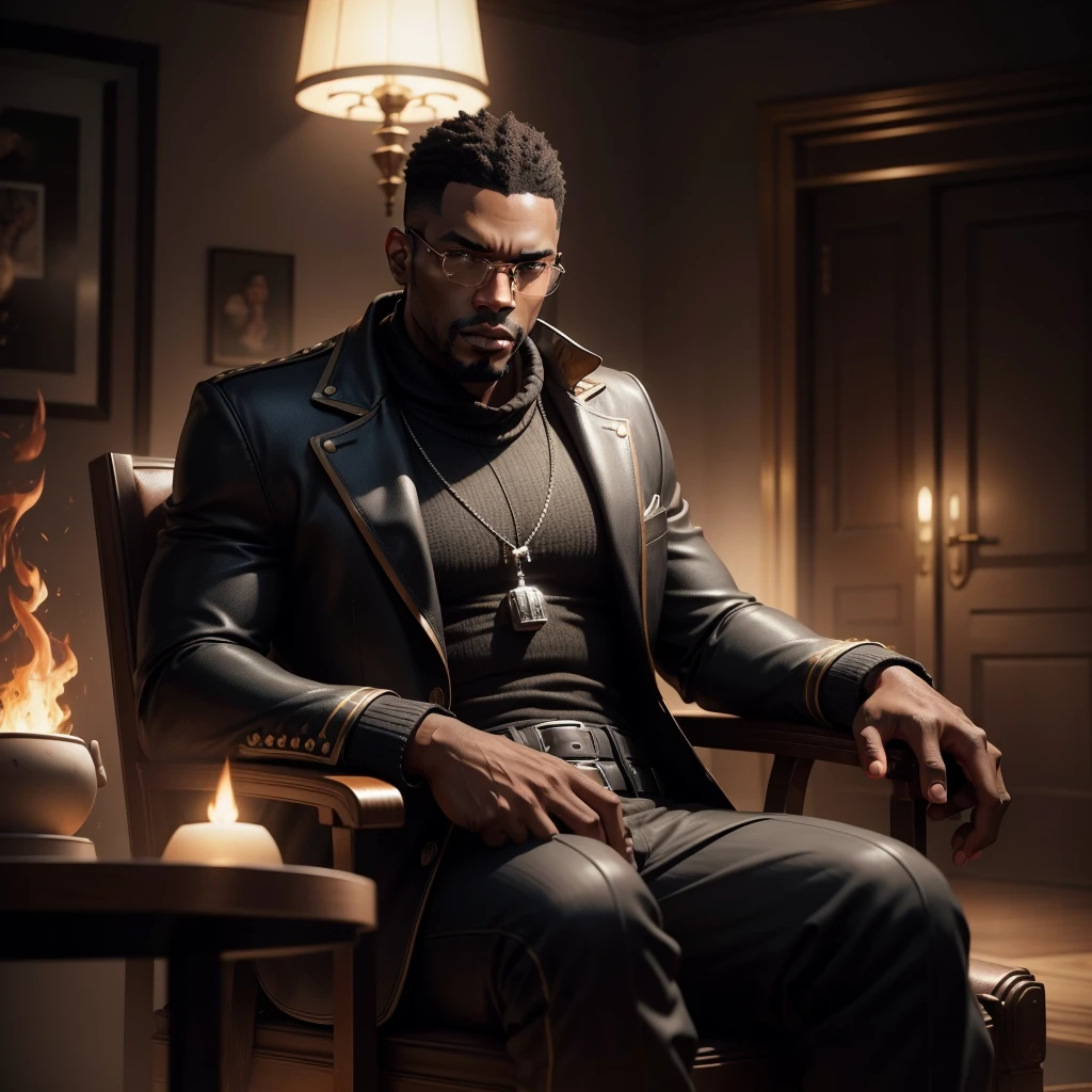 Black man (gangster) sitting in a chair, staring at the camera, fierce look, fire lamp in the background, photorealistic image, 8k, ultra HD, unreal engine rendered, cinematic lighting, artgerm style