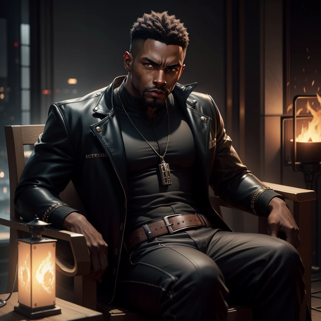 Black man (gangster) sitting in a chair, staring at the camera, fierce look, fire lamp in the background, photorealistic image, 8k, ultra HD, unreal engine rendered, cinematic lighting, artgerm style