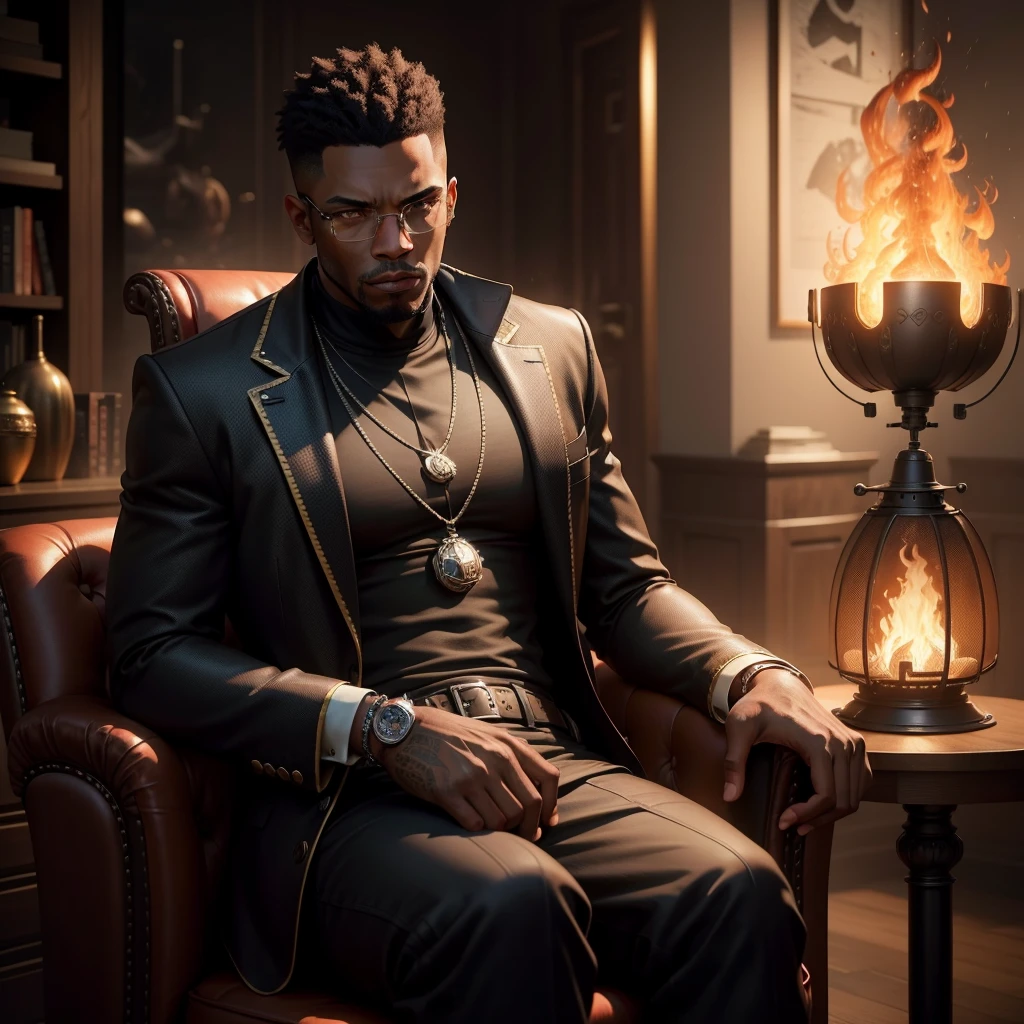 Black man (gangster) sitting in a chair, staring at the camera, fierce look, fire lamp in the background, photorealistic image, 8k, ultra HD, unreal engine rendered, cinematic lighting, artgerm style