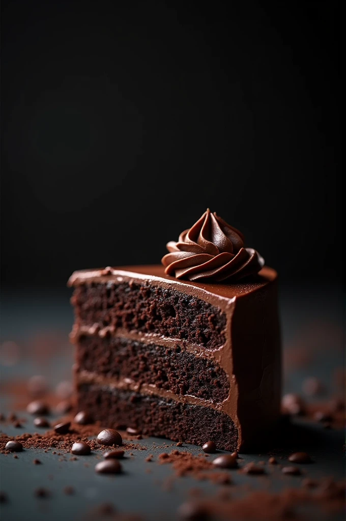 cinematic film still chocolate, chocolate cake, dark background, quality photo, moist texture, frosting, studio photo, slice . shallow depth of field, vignette, highly detailed, high budget, bokeh, cinemascope, moody, epic, gorgeous, film grain, grainy