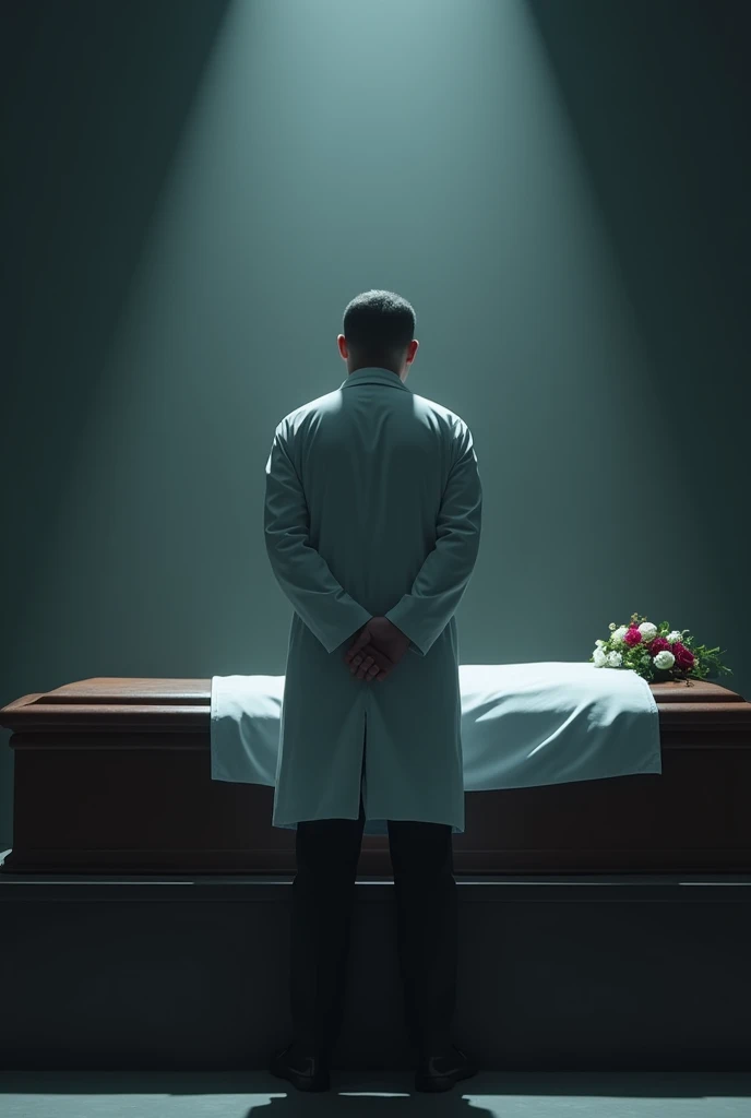 A doctor standing in front of a dead man's coffin


