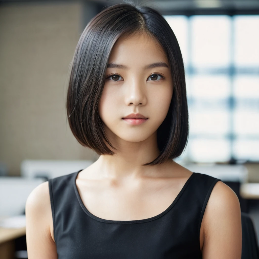 Yui, photo of female, age 15 year, perfect pupils, black shoulder length hair with brown highlights, (film grain, high detailed skin, skin pores), tight black bodycon, in empty office, side view, full body