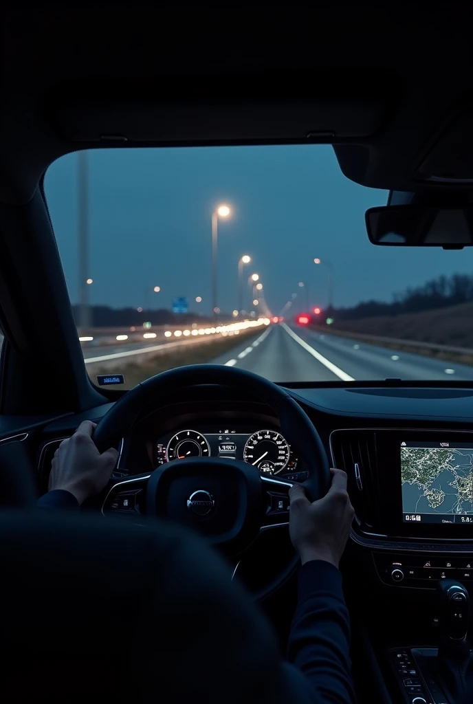 the driver's view inside a volvo on a highway at night without showing a person