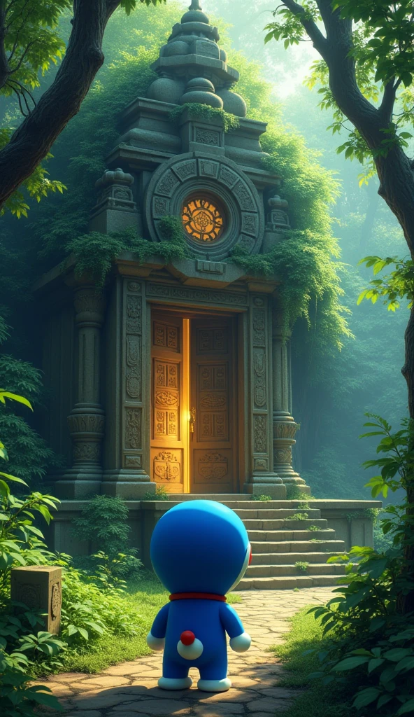 Doraemon stands in front of an ancient temple hidden deep in the forest., covered with vines and moss. Temple doors carved with ancient symbols, looks mysterious and challenging. The faint light from outside shone into the temple., create a mysterious 3d space