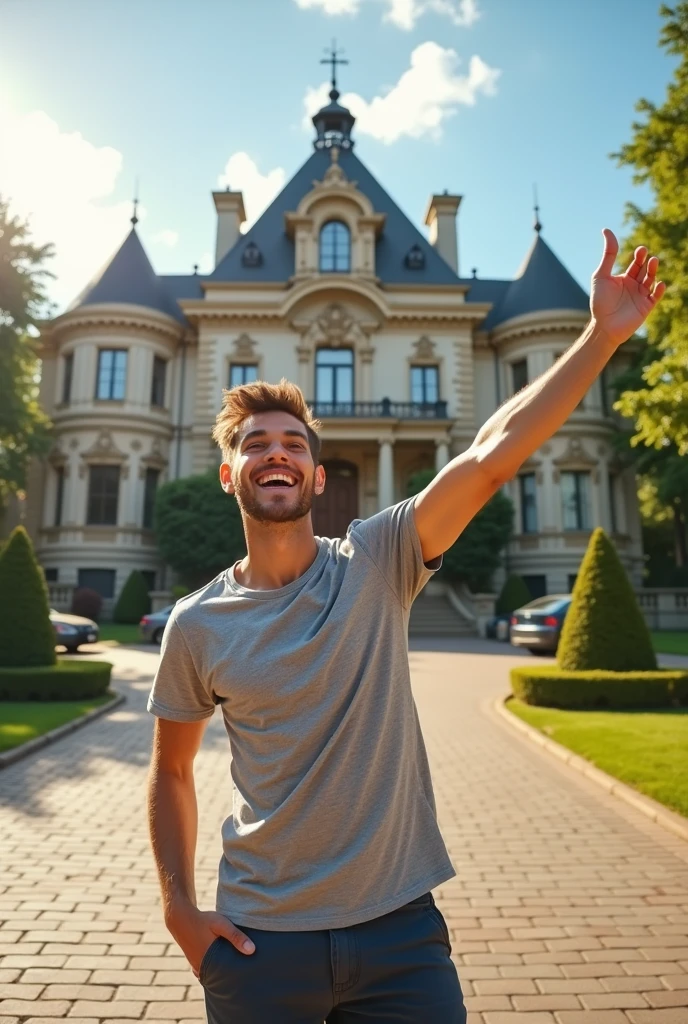 a young man with a big smile on his face, standing in front of a large, fancy house. He appears to be pointing at something, possibly drawing attention to the impressive residence. The house is surrounded by a driveway, and there are a few cars parked nearby. The scene gives off a sense of excitement and admiration for the beautiful home.