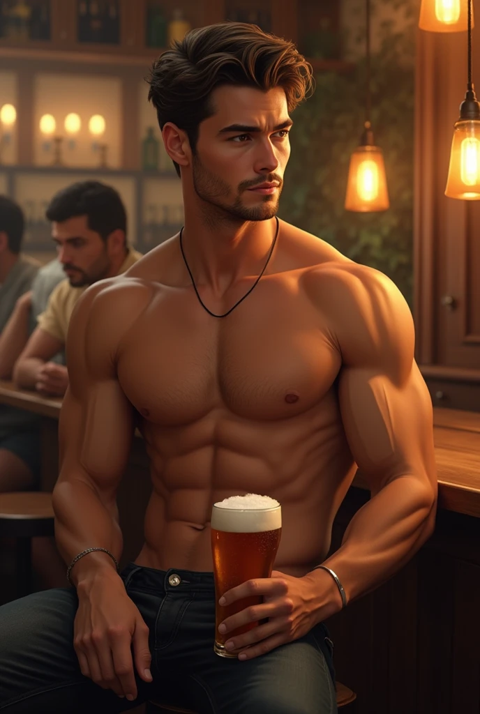 Young handsome cute beautiful skinny white face without shirt with cowboy en un bar de cerveza en la mano