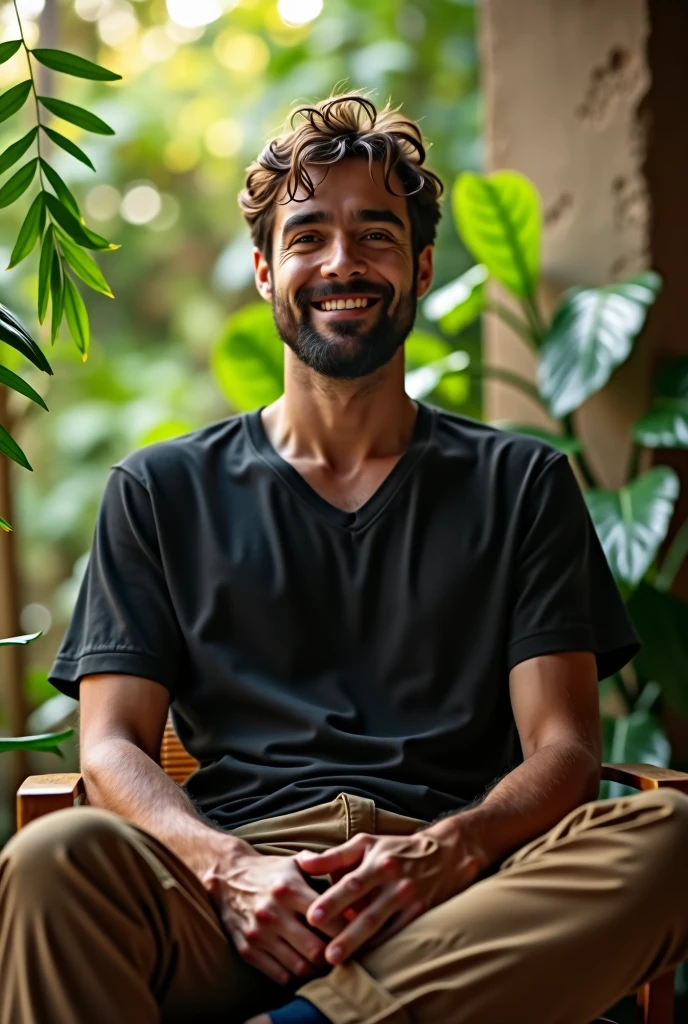 A Brazilian man sitting on a chair, wearing a black shirt and brown pants, with a close-up capturing the harmonious beauty between him and the scenery, showing off your natural charm and outgoing personality.