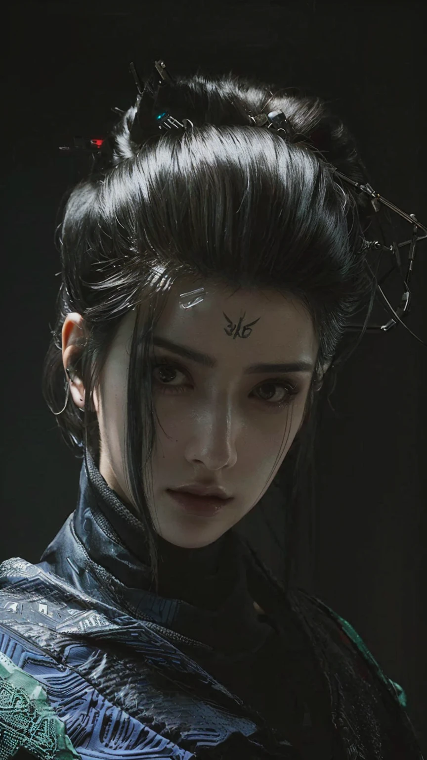 There is a delicate facial features,Black-haired woman with sad eyes, hyper-realistic Cyberpunk style, Cyberpunk style , Surrealism, Cyberpunk Makeup, Realistic dark concept art, Cyberpunk horror style, Beautiful cyberpunk girl face, Realistic portrait of the film, cyberpunk portrait, Cyberpunk Photos, Cyberpunk face, Movie goddess close up shot, 赛博朋克艺术Surrealism 8k, Film Portraits
