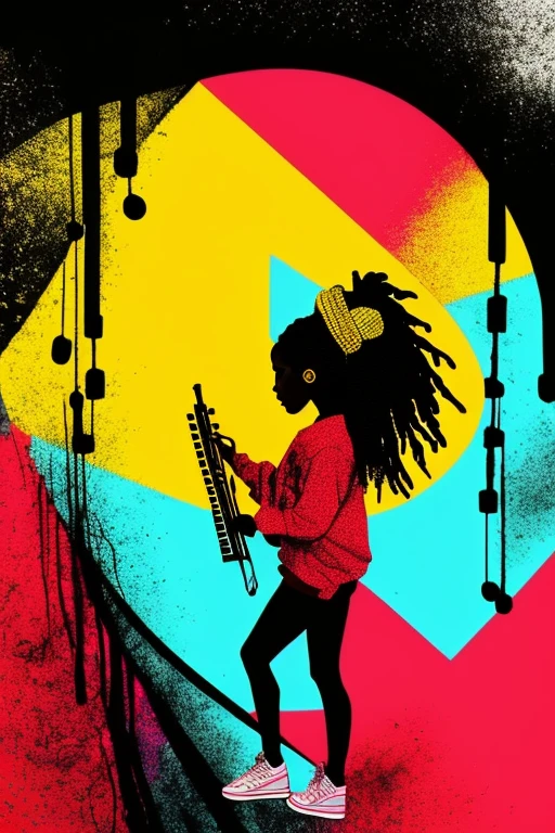 A background filled with scattered musical notes in various sizes and colors、
Creative logo illustration of a silhouette with dreadlocks and red headphones,
A background completely filled with scattered musical notes in various sizes and colors, covering the entire screen.
beautiful girl colorful image
Dance hiphop Dance CREW Waacking Dance
Punking
black medium hair black medium hair
Five fingers Baggy clothes Baggy clothes