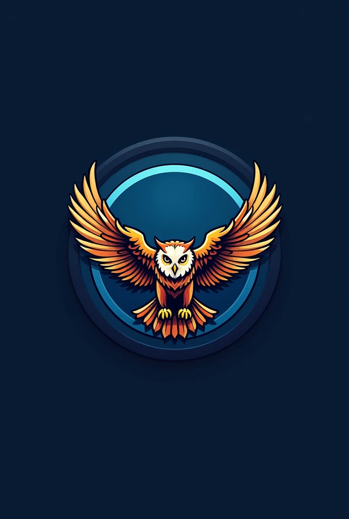 A logo that has an owl flapping its wings, soaring high, which represents strong bond of brotherhood and fraternal ties. The back ground color is blue and the shape of the logo is round