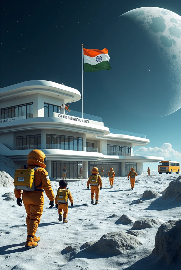 People living in luxurious house on moon,kids wearing space suit going to school, one kids wearing space suit with name "Shivam" on bag going to school,earth visible from moon, "orchids international school" building on moon, chandrayaan 3 landed on the moon,indian flag hoisted on moon, solar panels on moon, school bus on moon