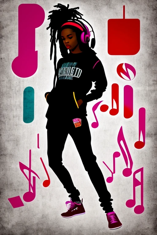 A background filled with scattered musical notes in various sizes and colors、

Creative logo illustration of a silhouette with dreadlocks and red headphones, 

A background completely filled with scattered musical notes in various sizes and colors, covering the entire screen.

beautiful girl colorful image

Dance hiphop Dance CREW  Waacking Dance

Punking 

black medium hair black medium hair 

Five fingers Baggy clothes Baggy clothes