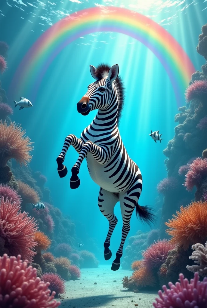A happy zebra swimming in coral reefs jumping out of the water underneath a blue sky with a rainbow