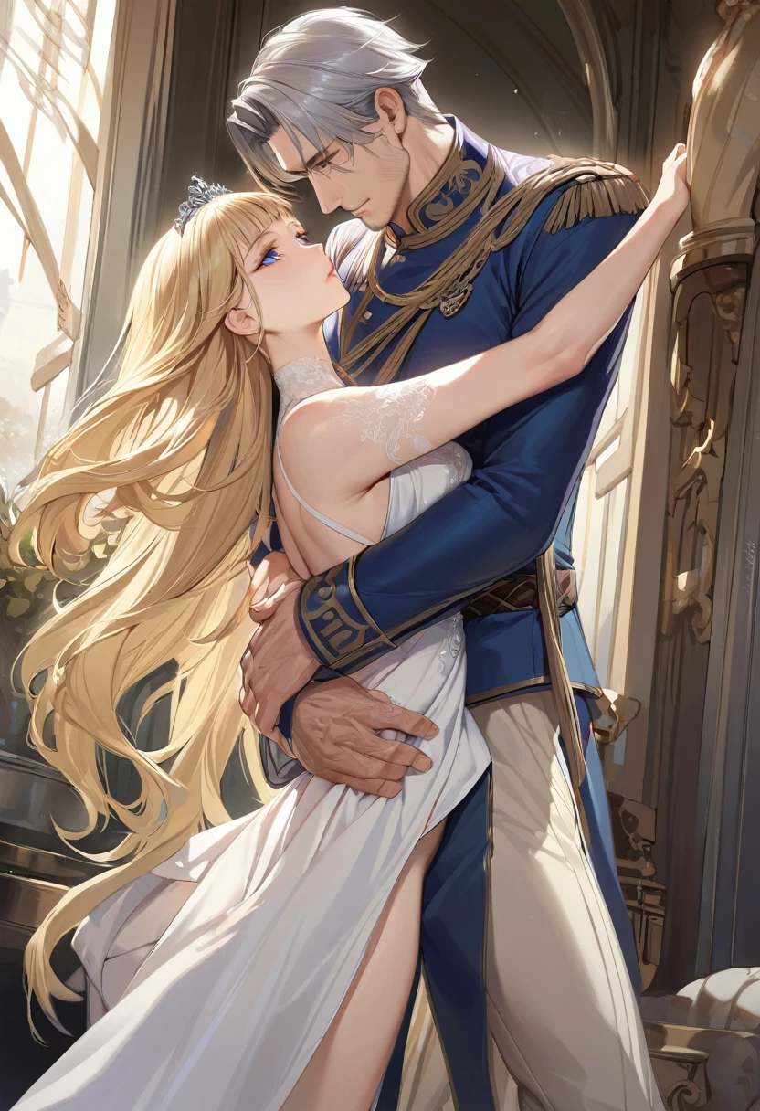 Masterpiece anime, beautiful drawing, long clothes, tall handsome adult man, straight platinum hair, bangs, blue eyes, long military general's clothes, he smiles at an incredibly beautiful young blonde femme fatale, long golden hair gathered in a beautiful hairstyle, blue eyes, beautiful facial features,luxurious dress, tiara, She puts her arms around his neck and kisses him on the cheek. They're in love.in full growth. Masterpiece. fantasy style. anime-style image, realistic