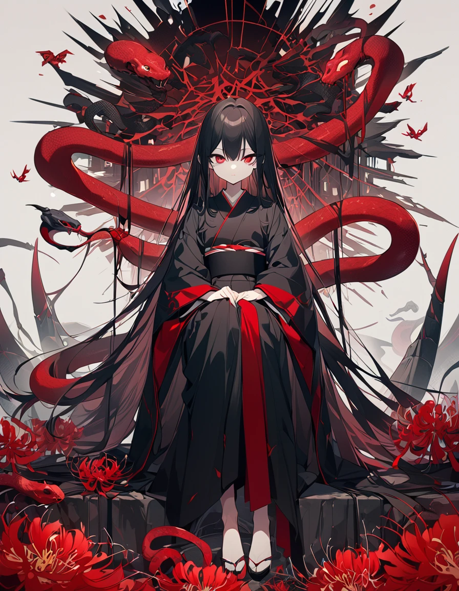 one woman, Masterpiece, Highest quality, beautiful, expressionless, jet black hair, red eyes, Big eyes, Kimono, snake, Cute arms, Red spider lily, sit, anime,snakeยักษ์,full body,beautiful,brutal,Cool ,long hair,