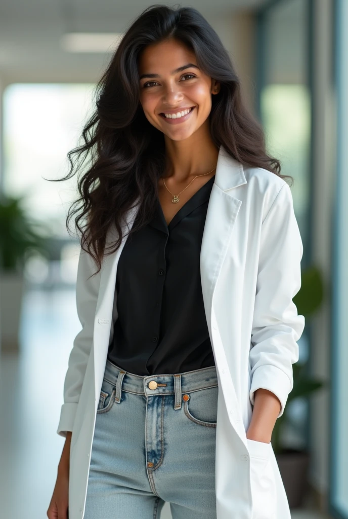 A young Brazilian girl psychologist, with wavy hair, displaying a natural, well-groomed glow. Her brown eyes reflect a happy and innocent look, highlighting your loving expression, your brown skin, Dressed in a high black blouse and light jeans, combined with a psychology lab coat conveying a professional image, The hospital office environment is bright and professional, The psychologist shows an insecure but excited expression.
