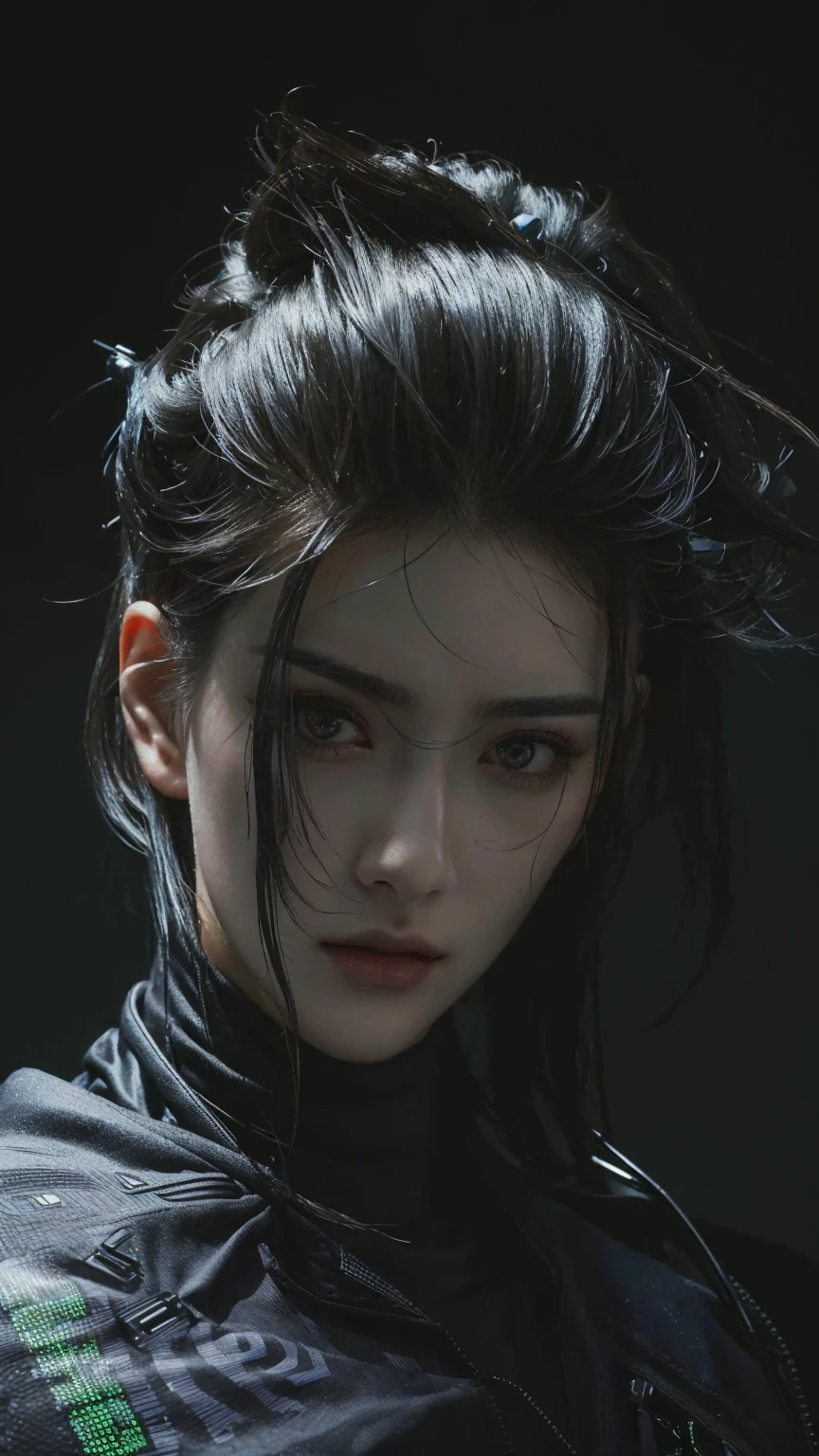 There is a delicate facial features,Black-haired woman with sad eyes, hyper-realistic Cyberpunk style, Cyberpunk style , Surrealism, Cyberpunk Makeup, Realistic dark concept art, Cyberpunk horror style, Beautiful cyberpunk girl face, Realistic portrait of the film, cyberpunk portrait, Cyberpunk Photos, Cyberpunk face, Movie goddess close up shot, 赛博朋克艺术Surrealism 8k, Film Portraits