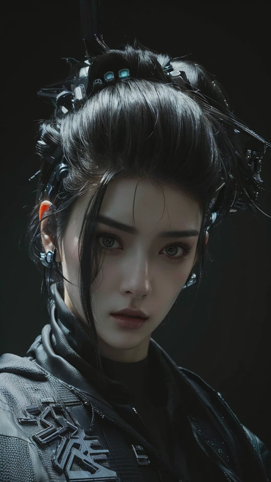 There is a delicate facial features，Black-haired woman with sad eyes, hyper-realistic Cyberpunk style, Cyberpunk style ， Surrealism, Cyberpunk Makeup, Realistic dark concept art, Cyberpunk horror style, Beautiful cyberpunk girl face, Realistic portrait of the film, cyberpunk portrait, Cyberpunk Photos, Cyberpunk face, Movie goddess close up shot, 赛博朋克艺术Surrealism 8k, Film Portraits