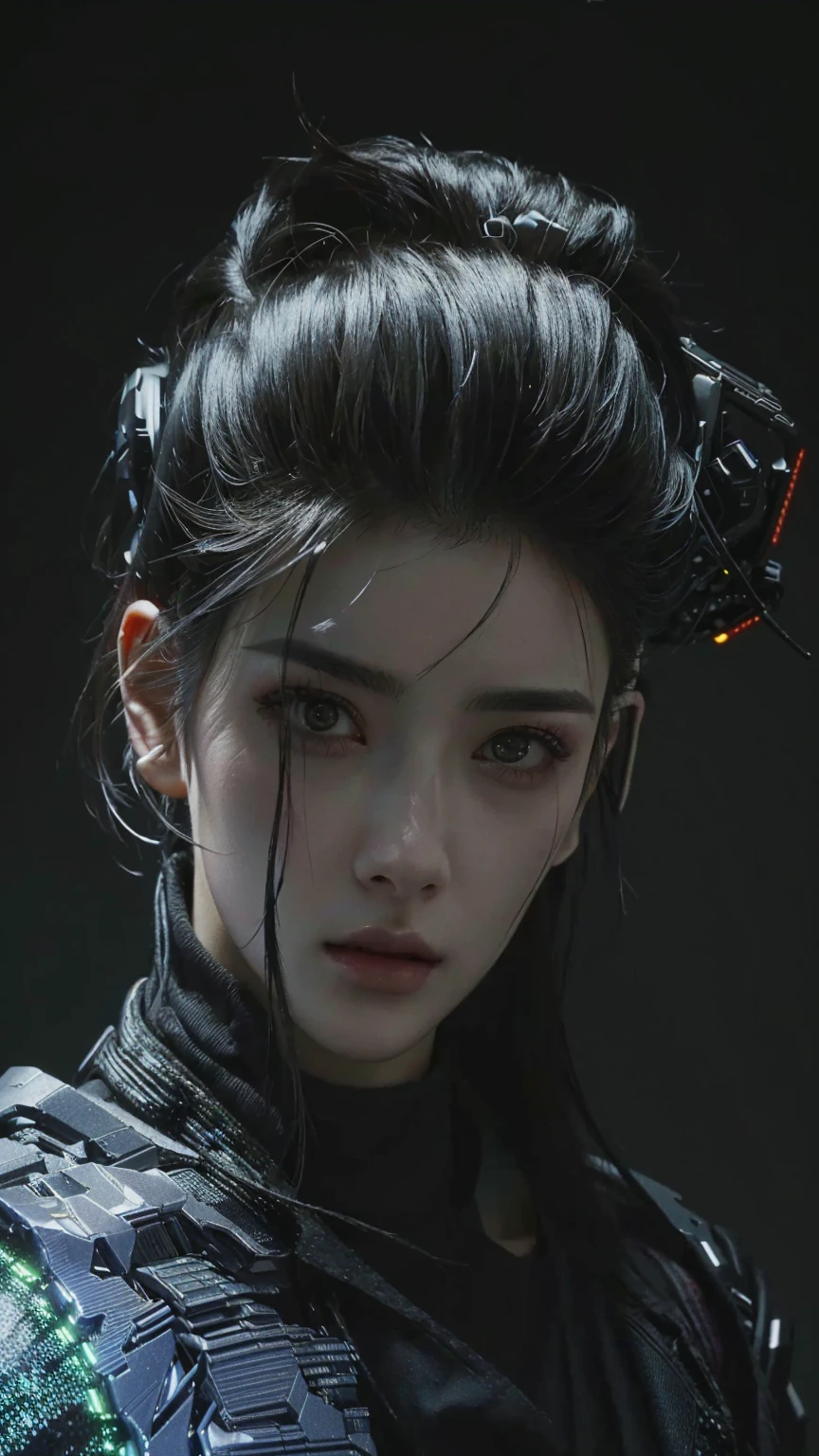 There is a delicate facial features,Black-haired woman with sad eyes, hyper-realistic Cyberpunk style, Cyberpunk style , Surrealism, Cyberpunk Makeup, Realistic dark concept art, Cyberpunk horror style, Beautiful cyberpunk girl face, Realistic portrait of the film, cyberpunk portrait, Cyberpunk Photos, Cyberpunk face, Movie goddess close up shot, 赛博朋克艺术Surrealism 8k, Film Portraits