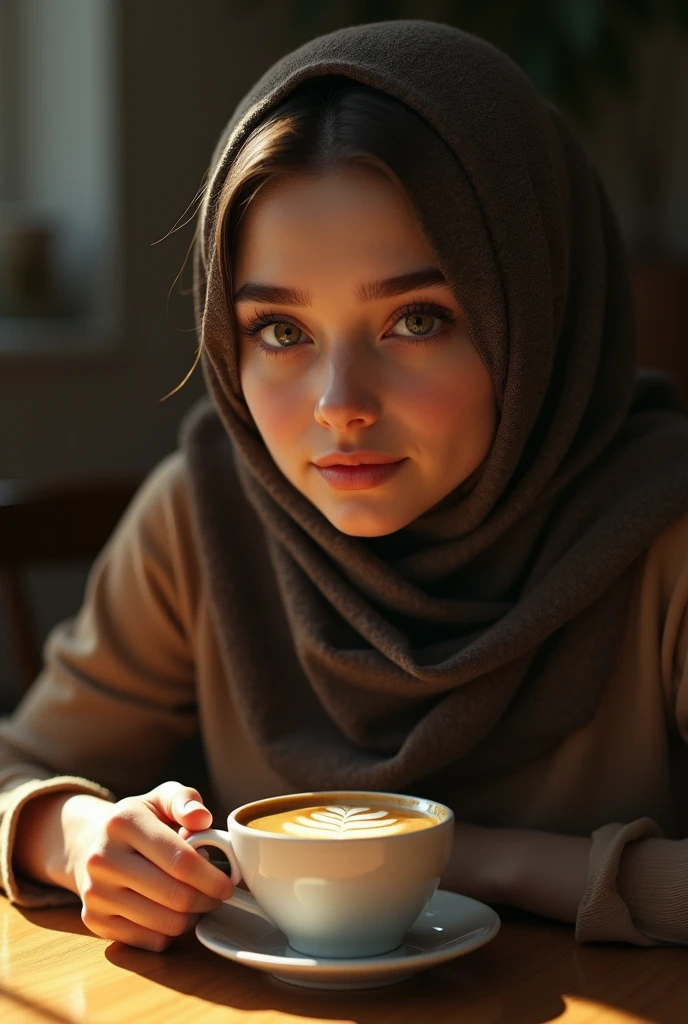 a girl wearing a hijab sitting on a chair, hand on the table, holding a straw in a cup of coffee, detailed portrait, beautiful detailed eyes, beautiful detailed lips, extremely detailed face, longeyelashes, hyperrealistic, photorealistic, 8k, high quality, masterpiece, digital art, realistic, cinematic lighting, warm color tones, intricate details, dynamic pose