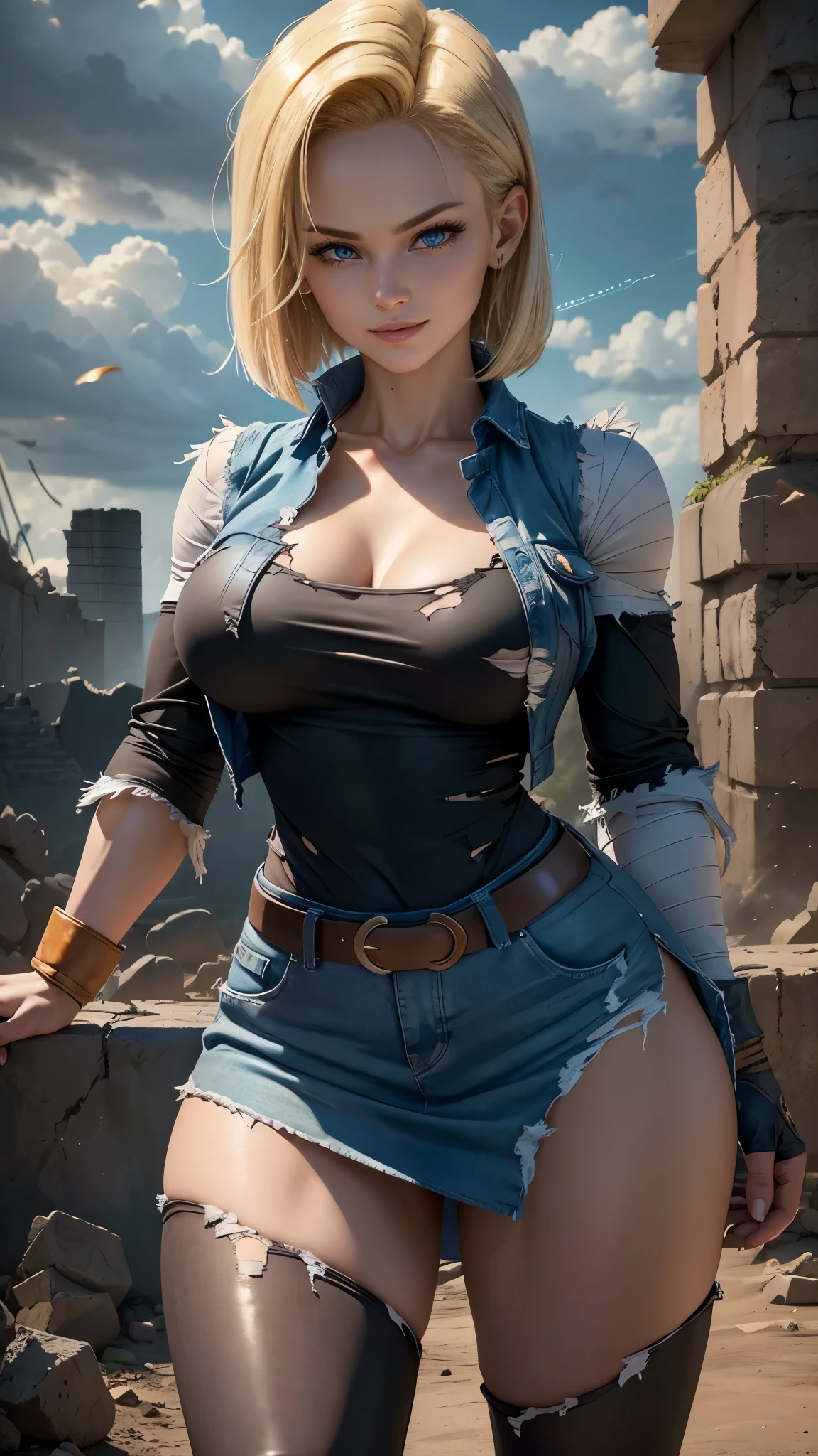 Android 18 da Dragon Ball Z,(best qualityer,4K,8k,high resolution,work of art:1.2)(weather: cloudy),battle ruins background, black shirt, striped sleeves, denim vest, denim skirt, pantyhose, brown boots, belt,short hair,ultra detailed,realisitic,portraite,beautiful detailed blue eyes,beautiful detailed lips,extremely detailed eye and face, long eyelashes,sexly,average,large breasts,beaming smile,powerful girl in a battle,combat pose,torn clothes,stunning curves,bright coloured,dramatic lighting,
