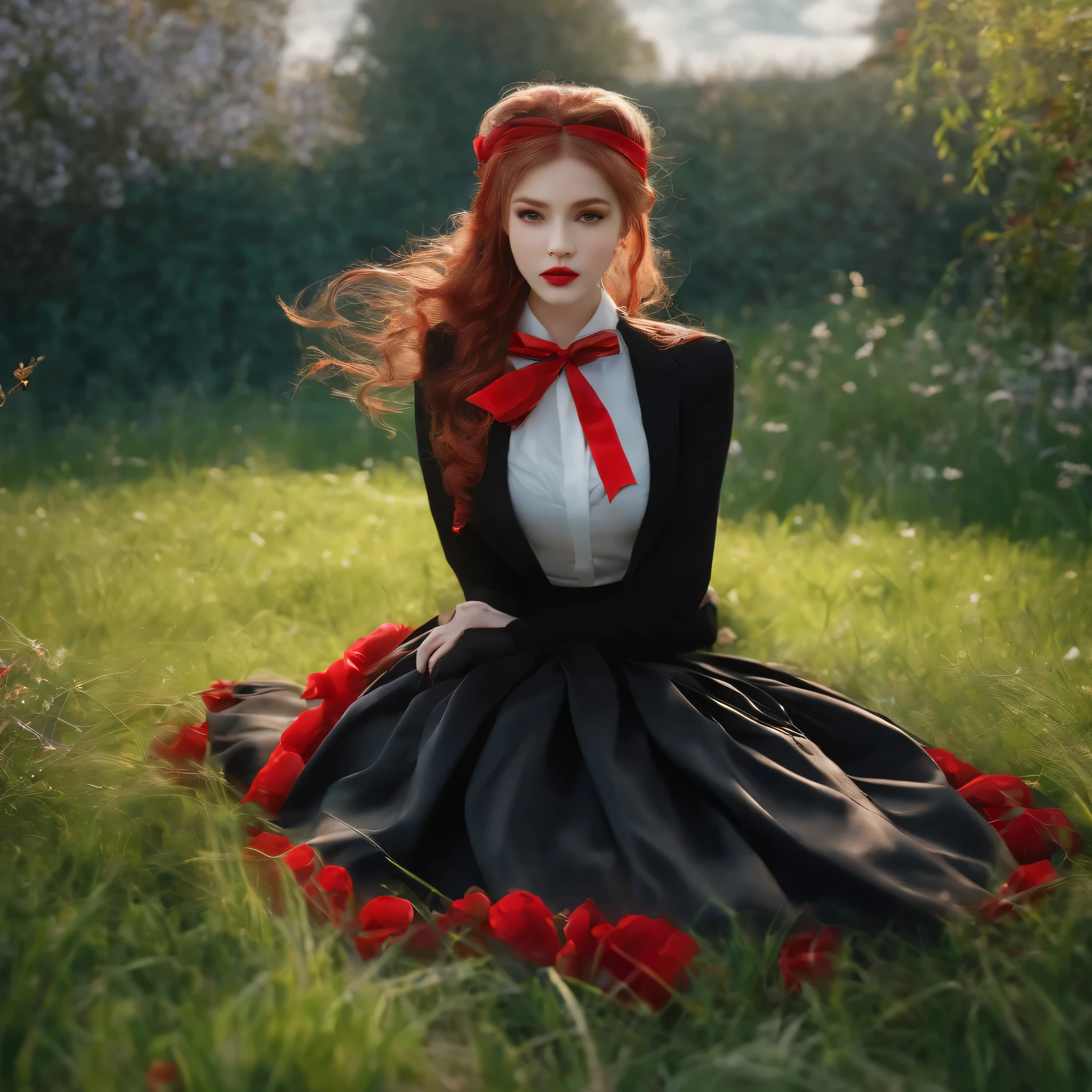 masterpiece, Best Quality, Femonica, Bun, braid, red bow, black jacket, black skirt, red pantyhose, Upper part of the body, from above, lying face up, grass, looking at the viewer, tired out, smile, garden 