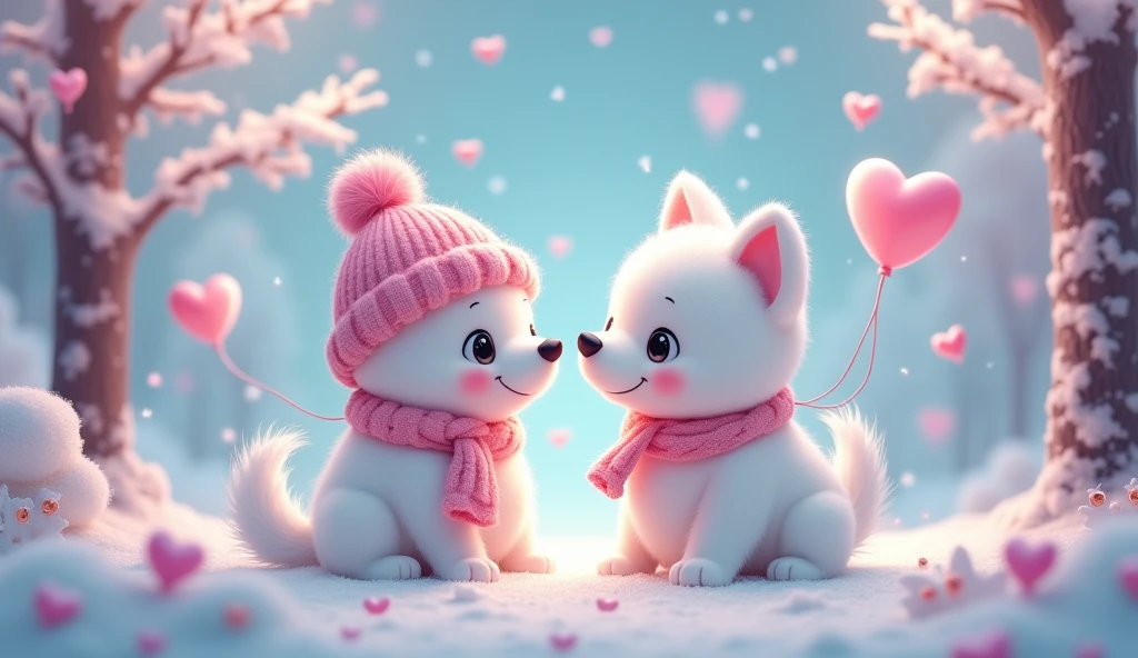 Cartoon, A charming fluffy white snowman wearing a light pink knitted hat and a light pink scarf with a heart design is takling with a big dog. The snowman has bright, sparkling black stone coal eyes and a delicate, happy expression. It sits in an enchanting winter setting with light pink heart-shaped balloons and heart-shaped snowflakes drifting around. The surrounding trees are laden with snow and the sky above glows with a gentle twilight blue, contributing to a magical and affectionate mood. The image should embody a cartoon-like and extremely adorable style, with a soft-focus background to amplify the fairy-tale-like ambiance of the composition.